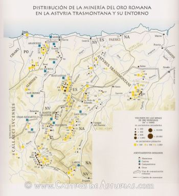 Minería del oro romana en la Asturia Trasmontana. Según A. Perea y F.J. Sánchez-Palencia, 1995.